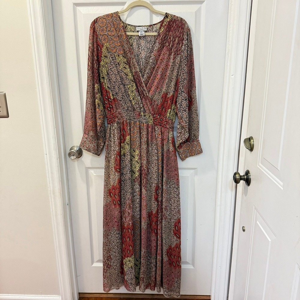 Alexa B Nites Woman 20W Maxi Dress Boho Long Sleeve Paisley Print Lined Fall